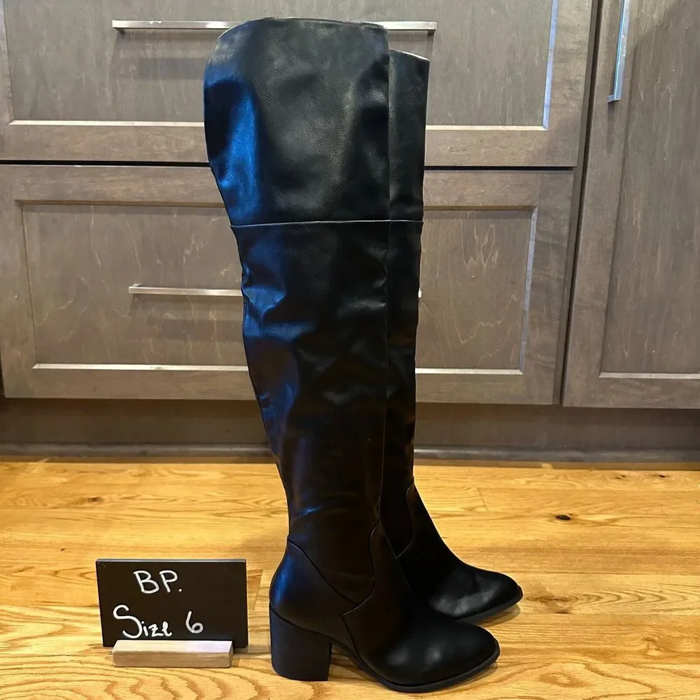 New Womens BP Luke Black Faux Leather‎ Over The Knee Heeled Boots Size 6 M